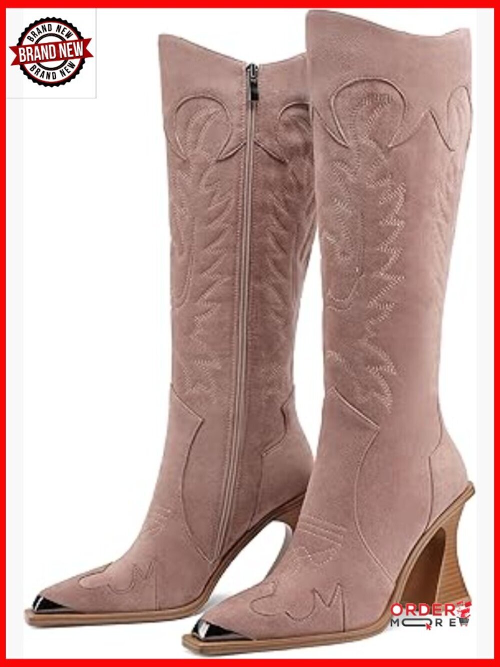Knee High Western Cowboy Boots with Side Zipper, 3.5 Inch Heel - Picture 1 of 7